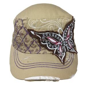 Leader Army Cap Beige One Size Butterfly Rhinestone Distressed Cotton Hat